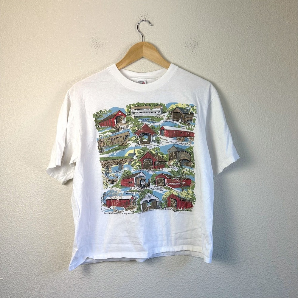 Vintage 1993 Jerzees Graphic T-Shirt Mens L White Excellent Covered Bridges Tee